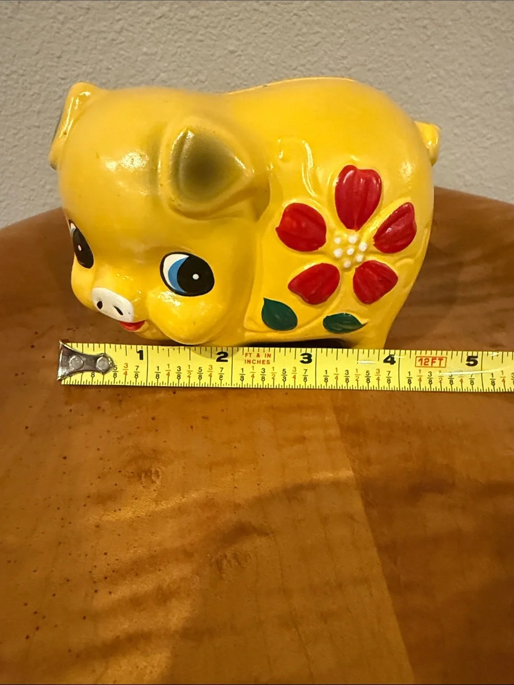 Vintage Kitschy Yellow Chalkware Piggy Bank with Red Flower
